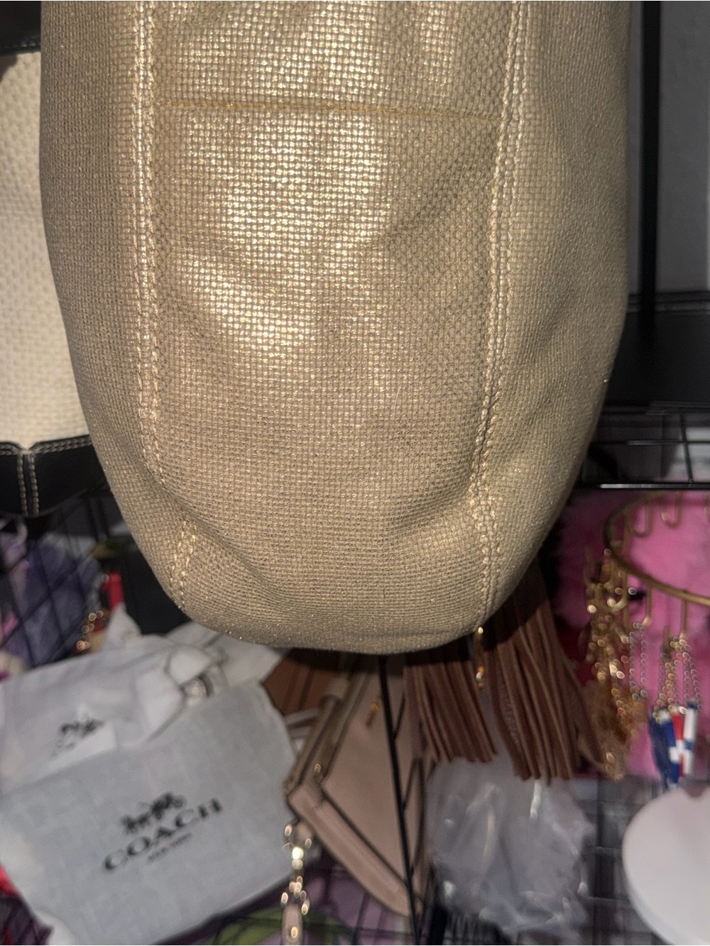 Michael Michael Kors Gold Metallic Canvas Hobo Bag Brown Whipstitch Leather Trim - Picture 7 of 14